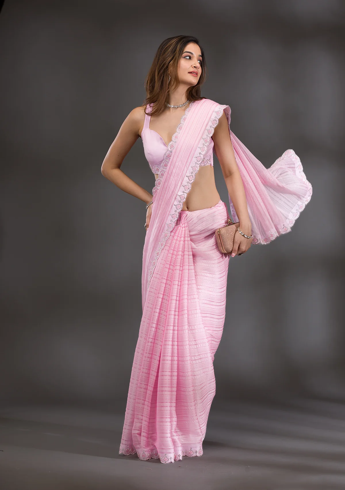 Pink Swarovski Georgette Saree