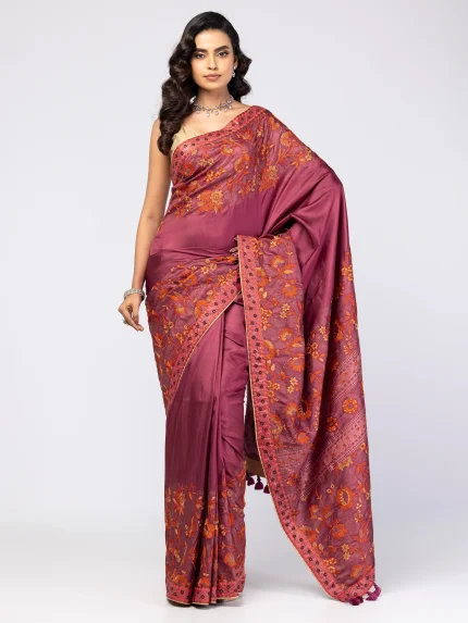 Maroon Printed and Nakshi Kantha Embroidered Silk Saree