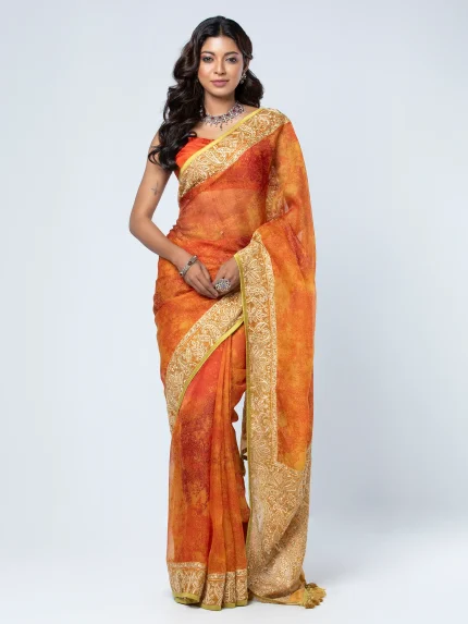 Orange Printed and Embroidered Muslin Saree